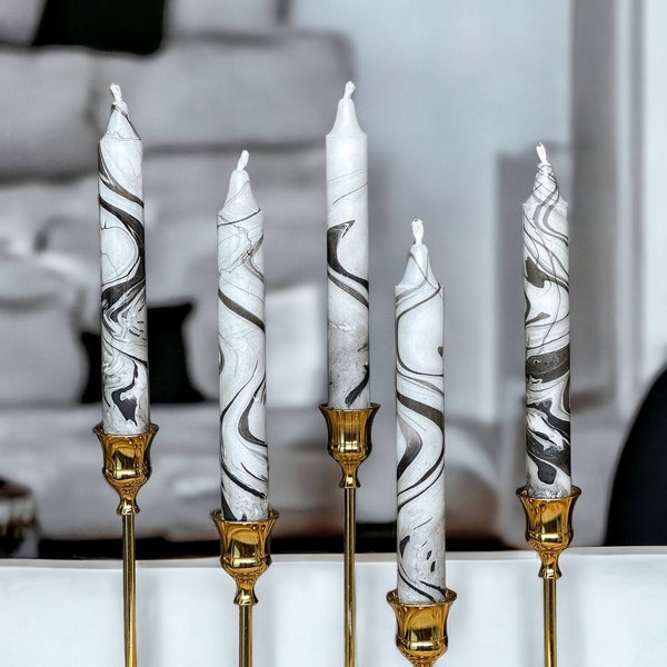 Black White Silver marble candles,tall taper candle set,dinner candles,black white home decor,wedding candle,Housewarming gift,stick candles