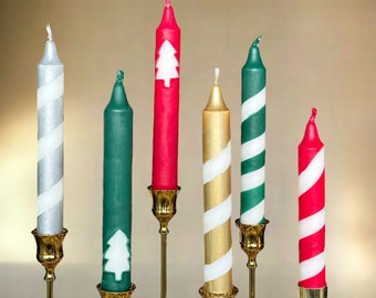 Christmas tall taper candles,Festive candle gift,Dinner candle set,Christmas Candle stick,Christmas table decor,dark green red gold silver