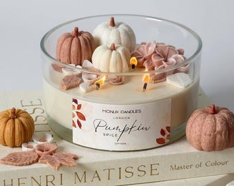 3 Wick XL Stort Höstljus, Doftljus med Pumpakrydda, Höstbordsdekoration, Hyggeljuspresent till henne, Pumpaheminredning, Höstlöv,