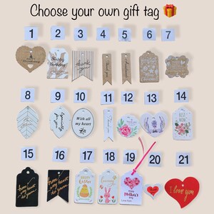May include: Twenty-one different gift tags with various designs and messages. The tags are made of paper and have a brown or white background. Some of the tags have a heart shape, while others are rectangular. The tags feature messages such as "Happy Birthday", "Thank you", "Merry Christmas", "Best Mom", "Happy Easter", and "Happy Mother's Day".