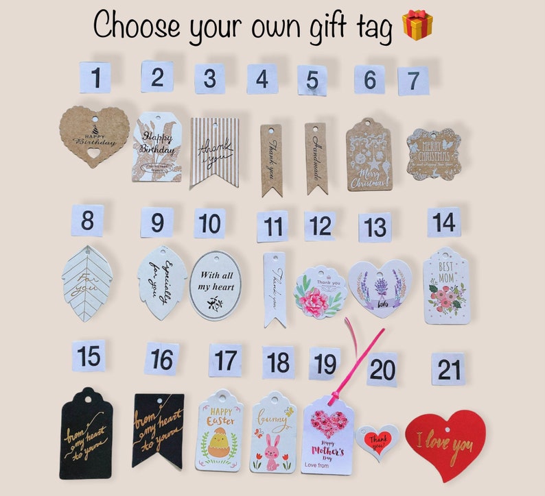 May include: Twenty-one different gift tags with various designs and messages. The tags are made of paper and have a brown or white background. Some of the tags have a heart shape, while others are rectangular. The tags feature messages such as "Happy Birthday", "Thank you", "Merry Christmas", "Best Mom", "Happy Easter", and "Happy Mother's Day".