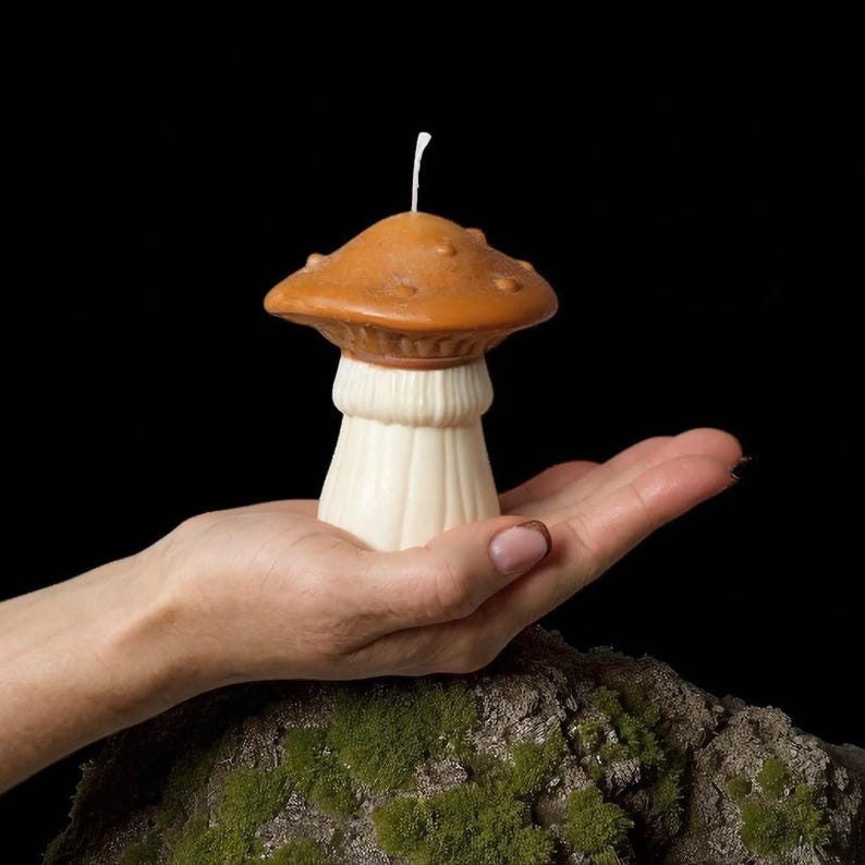 May include: A mushroom-shaped candle with a brown cap and a white stem. The candle has a wick and is held in a hand against a black background. The candle is approximately 3 inches tall.