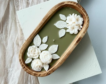 Vela grande de masa floral de 3 mechas, vela perfumada con flor de rosa 3D verde oliva y amarilla, decoración floral para el hogar, regalo floral para ella, vela de cera de soja.