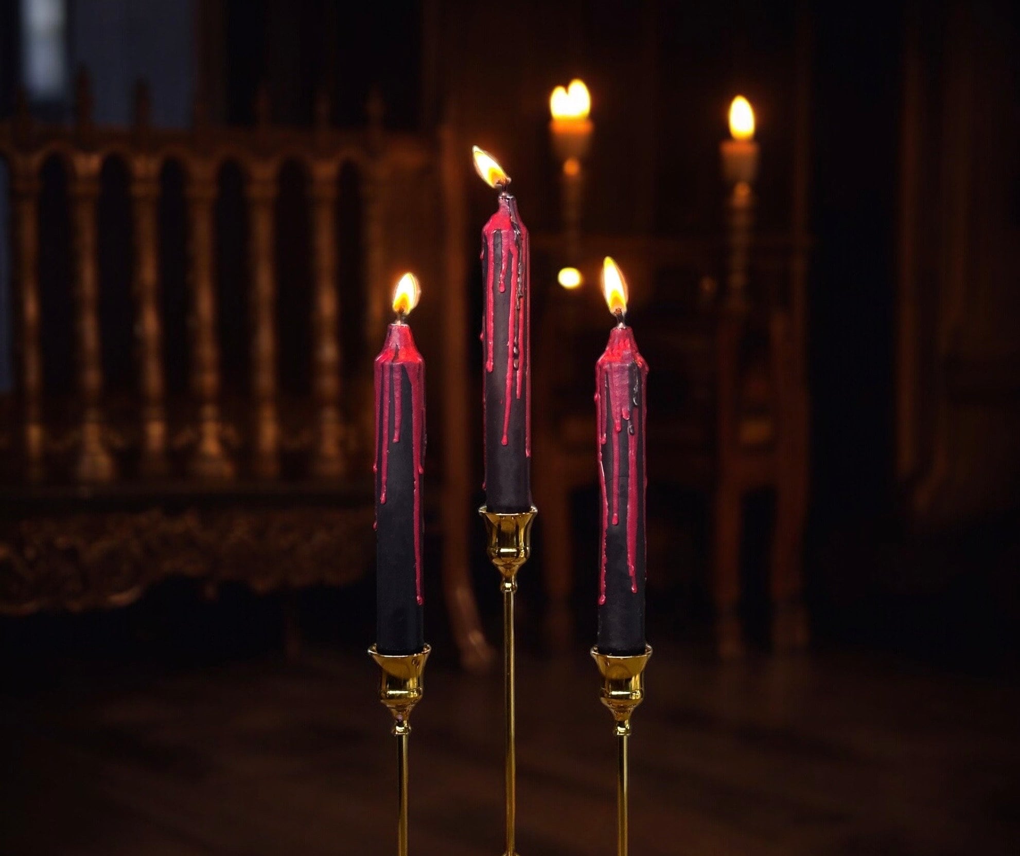 Black Gothic Taper Candles With Blood Drip Effect | Halloween Vampire Tears Decor