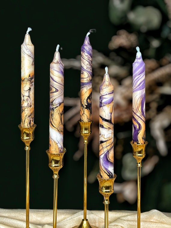 Gold purple metallic marble candles,tall taper candle set,dinner candles,gold purple home decor,wedding candle,tapered candles,pillar candle