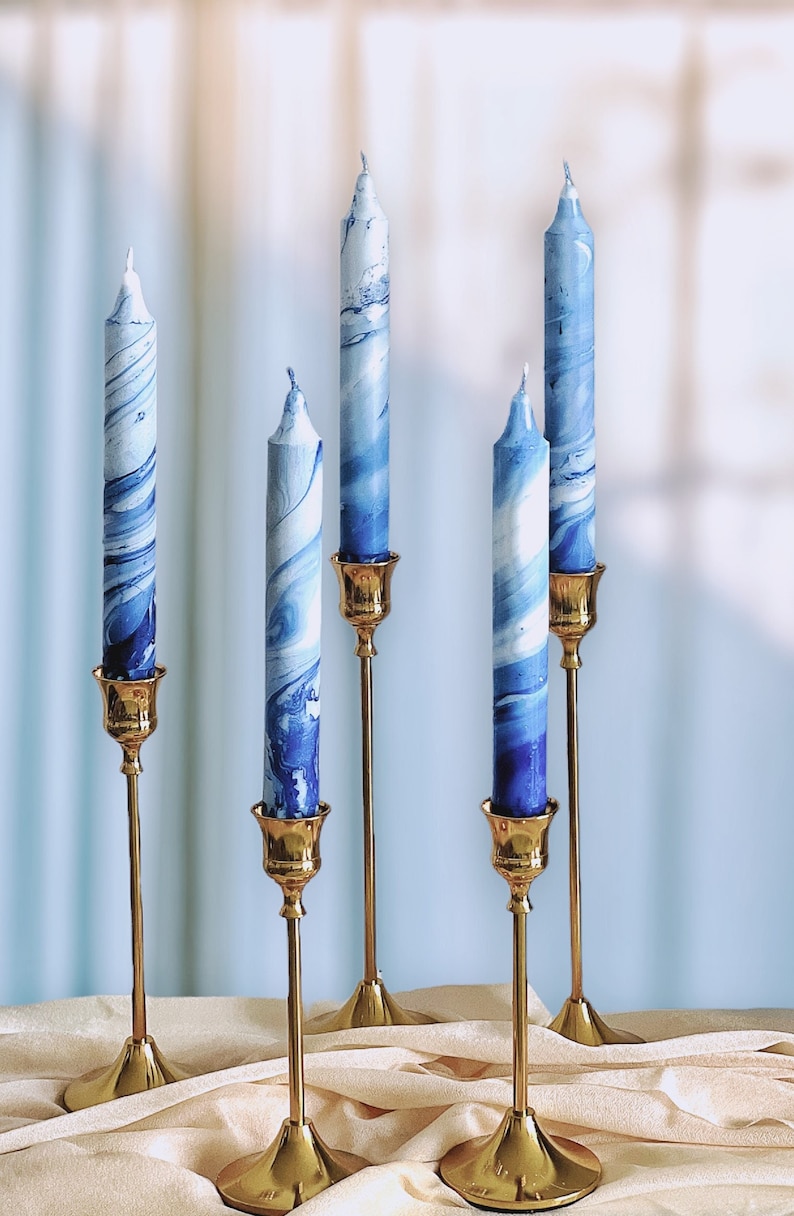 Set of 3 candles,marble candles,taper candles,dinner candles,blue and white home decor,wedding candles,tall taper candles,tapered candles image 1
