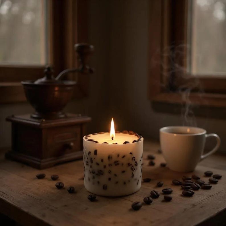 Grande candela profumata al caffè, candela botanica ai chicchi di caffè, regalo per gli amanti del caffè, candela per uomo, centrotavola per tavolino da caffè, regalo di ringraziamento, vegano immagine 5