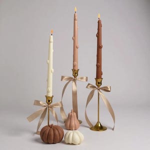 Puede incluir: Tres velas cónicas en crema, melocotón y marrón, cada una con una base dorada y un lazo de cinta de raso. Dos velas con forma de calabaza en marrón y blanco están delante. También hay una vela de calabaza color melocotón.