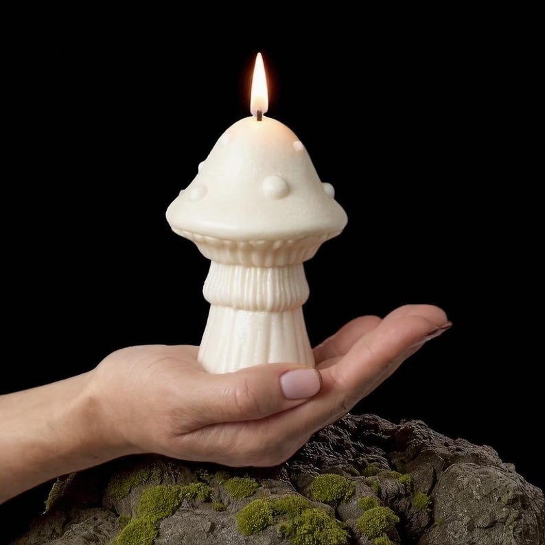 May include: A white mushroom-shaped candle with a lit wick. The candle has a textured cap with small bumps and a ribbed stem. The candle is held in a hand against a black background. The candle is a decorative item.
