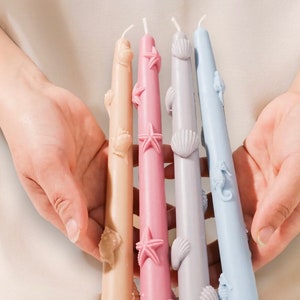 Può includere: Quattro candele decorative a tema conchiglie. Le candele sono in tonalità di azzurro, rosa, grigio e beige. Ogni candela ha un diverso design a conchiglia.