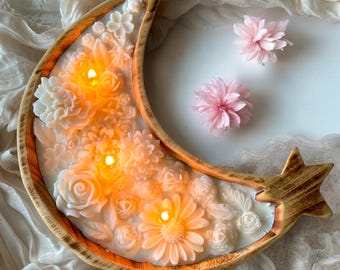 Large Moon Shaped Ramadan Candle: Floral Soy Wax Eid Gift