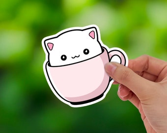 Kawaii Kitty Cat in Cup Sticker | Waterproof Vinyl