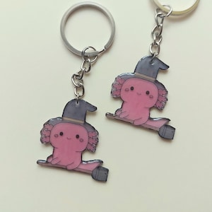 Cute Witch Axolotl On A Broom Keychain, Kawaii Axolotl Keyring, Halloween Axolotl Charm, Halloween Accessories