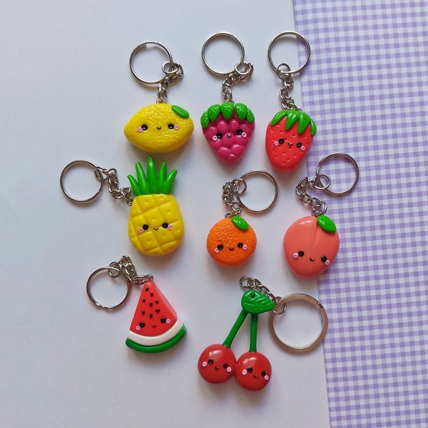 Porte-clés mignon avec fruits, porte-clés orange, citron, ananas, fraise, pastèque, cerises, pêche, framboise