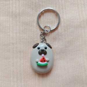 Cute Pug With Watermelon Keychain, Kawaii Pug Keyring, Pug Charm, Cute Dog Keychain