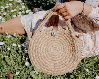 Crochet Summer Jute Round Boho Bag with Leather Handles