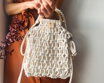 Summer Trendy Macrame Boho Tote Bag, Handmade Bohemian Bag with Wooden Handles, Boho Beach Bag, Crochet Boho Shoulder Bag, White Cord Bags