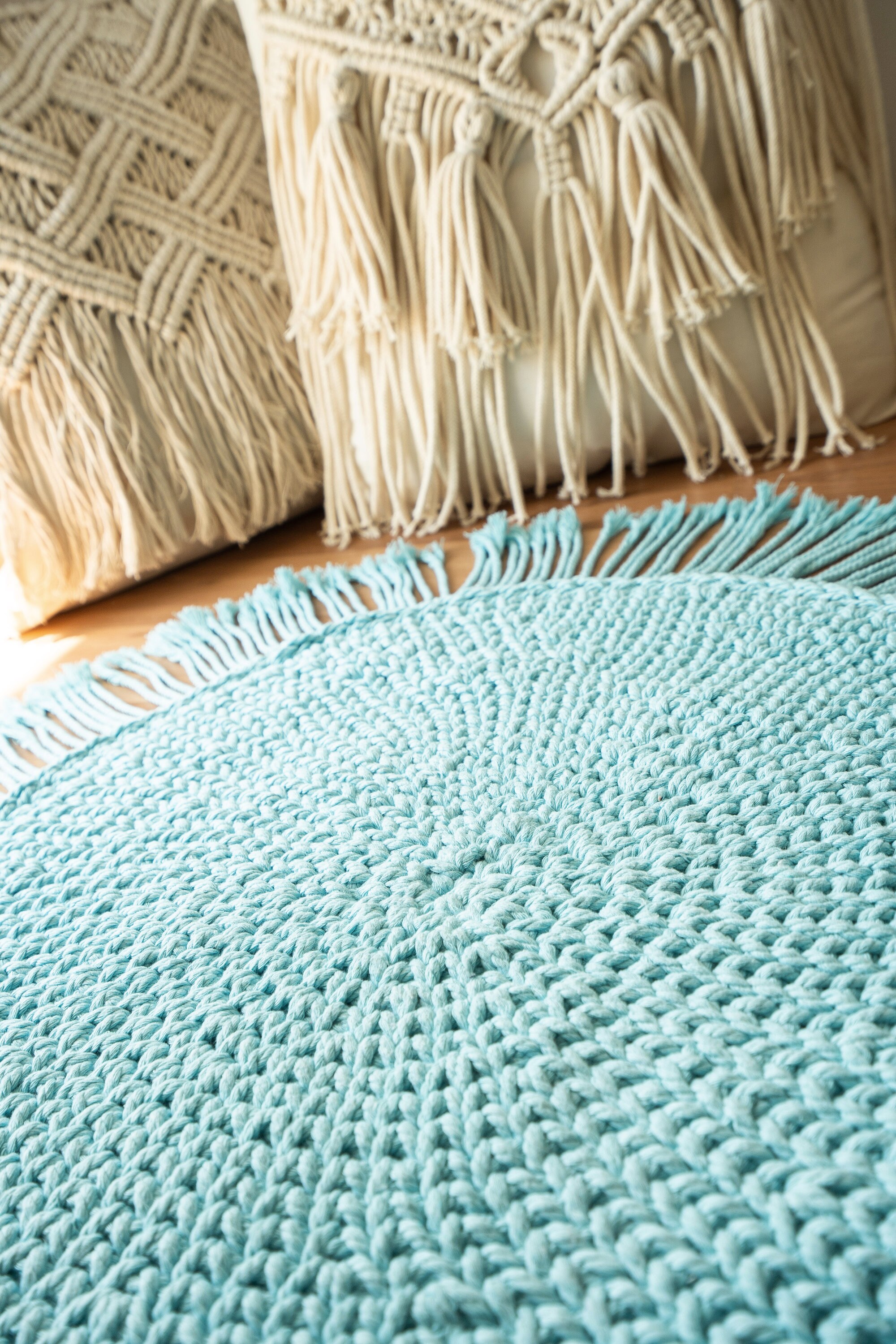 Mint Crochet Cotton Rug - Hand Knitted Round Rug With Fringes ...