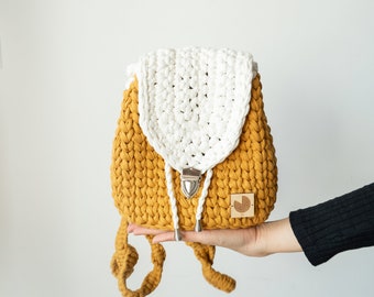 Crochet Knitted Small Gift Backpack - White and Mustard