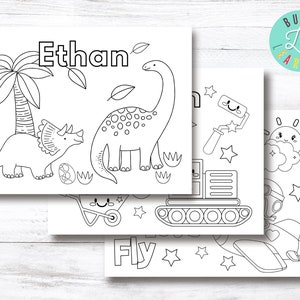 May include: Black and white colouring pages featuring dinosaurs, a construction vehicle, a paint roller, a sun, and a cloud. The pages are titled "Ethan" and "Fly".