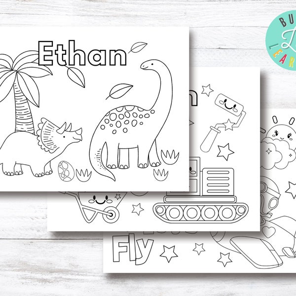 Personalized Coloring Pages, Dinosaurs, Construction and Airplanes, Printable Coloring Sheets, Homeschool, Preschool, Toddler Games