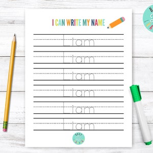 Puede incluir: Una hoja de trabajo imprimible para que los niños practiquen la escritura de su nombre. La hoja de trabajo tiene seis líneas con letras punteadas para trazar. El nombre "Liam" está escrito en cada línea. La hoja de trabajo se titula "Puedo escribir mi nombre".