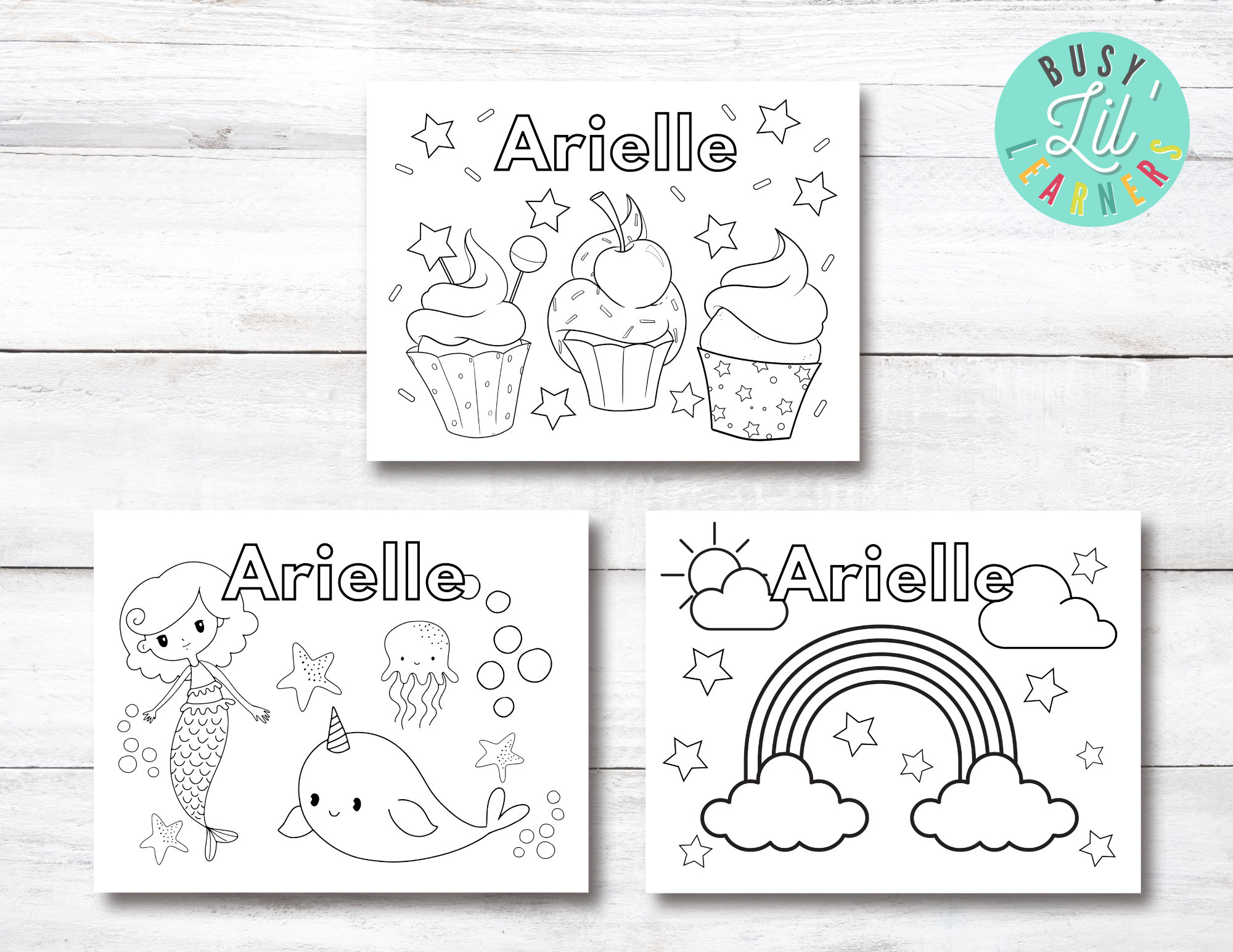 Personalized Coloring Pages, Cupcakes, Mermaids and Rainbows, Printable ...