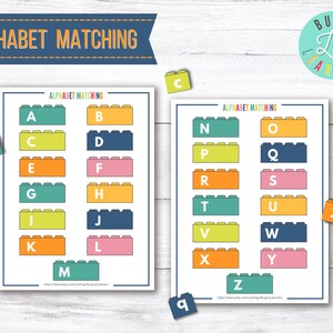 May include: Alphabet matching game for children featuring colourful Lego-like blocks with uppercase letters on one side and lowercase letters on the other. The game is designed to help children learn the alphabet.
