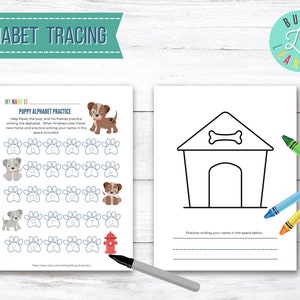 Planilhas para impressão de rastreamento de alfabeto, letras maiúsculas e minúsculas, prática de escrita, pré-escola, jardim de infância, escola em casa, criança, página para colorir, cachorro