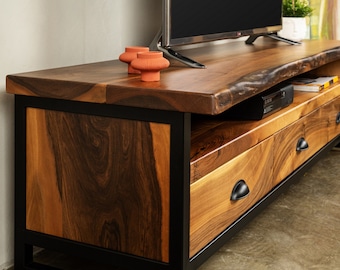Walnut Wood TV Unit & Console, Modern and Unique Design Decor, Rectangular Cabinet with Drawers, Media Console and TV Storage Models