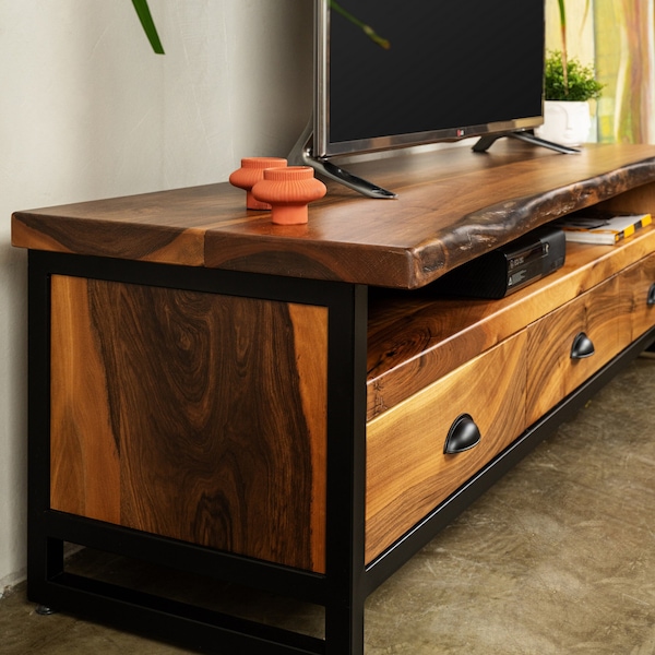 Walnut Wood TV Unit & Console, Modern and Unique Design Decor, Rectangular Cabinet with Drawers, Media Console and TV Storage Models