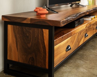 Walnut Wood TV Unit & Console, Modern and Unique Design Decor, Rectangular Cabinet with Drawers, Media Console and TV Storage Models