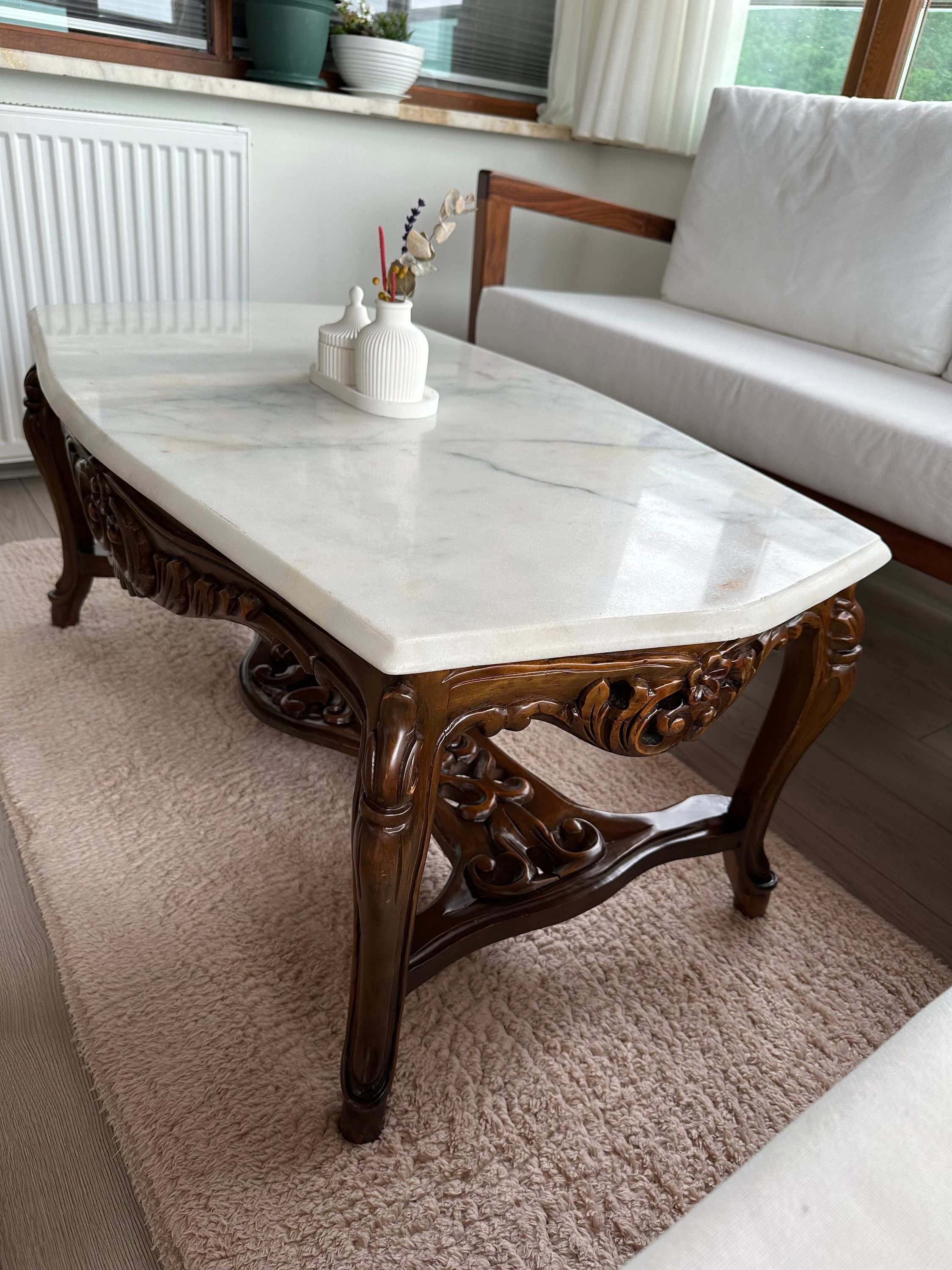 ノットアンティークス　MARBLE COFFEE TABLE Vintage Style Marble Coffee Table, Wooden and Marble Mini