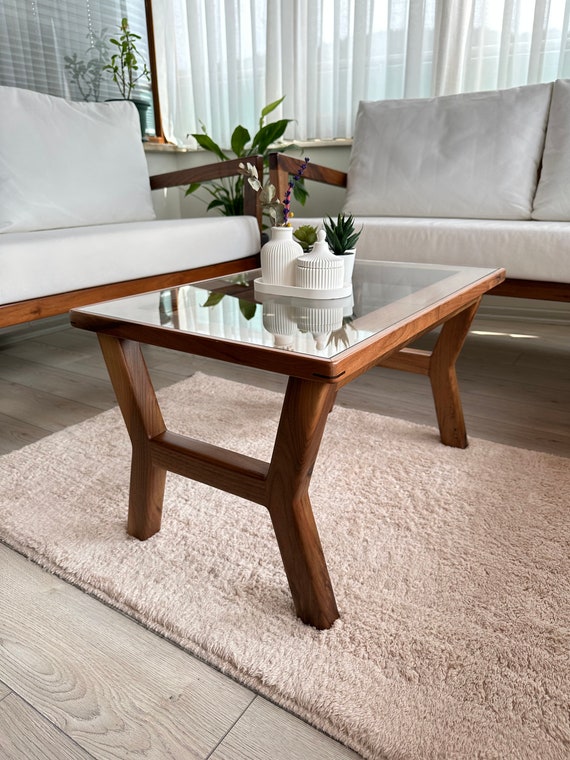 Glass Top Solid Wood Coffee Table Scandinavian Naturel Walnut Sofa Table Classic Aesthetic Decor Functional Art for Home Office Etsy