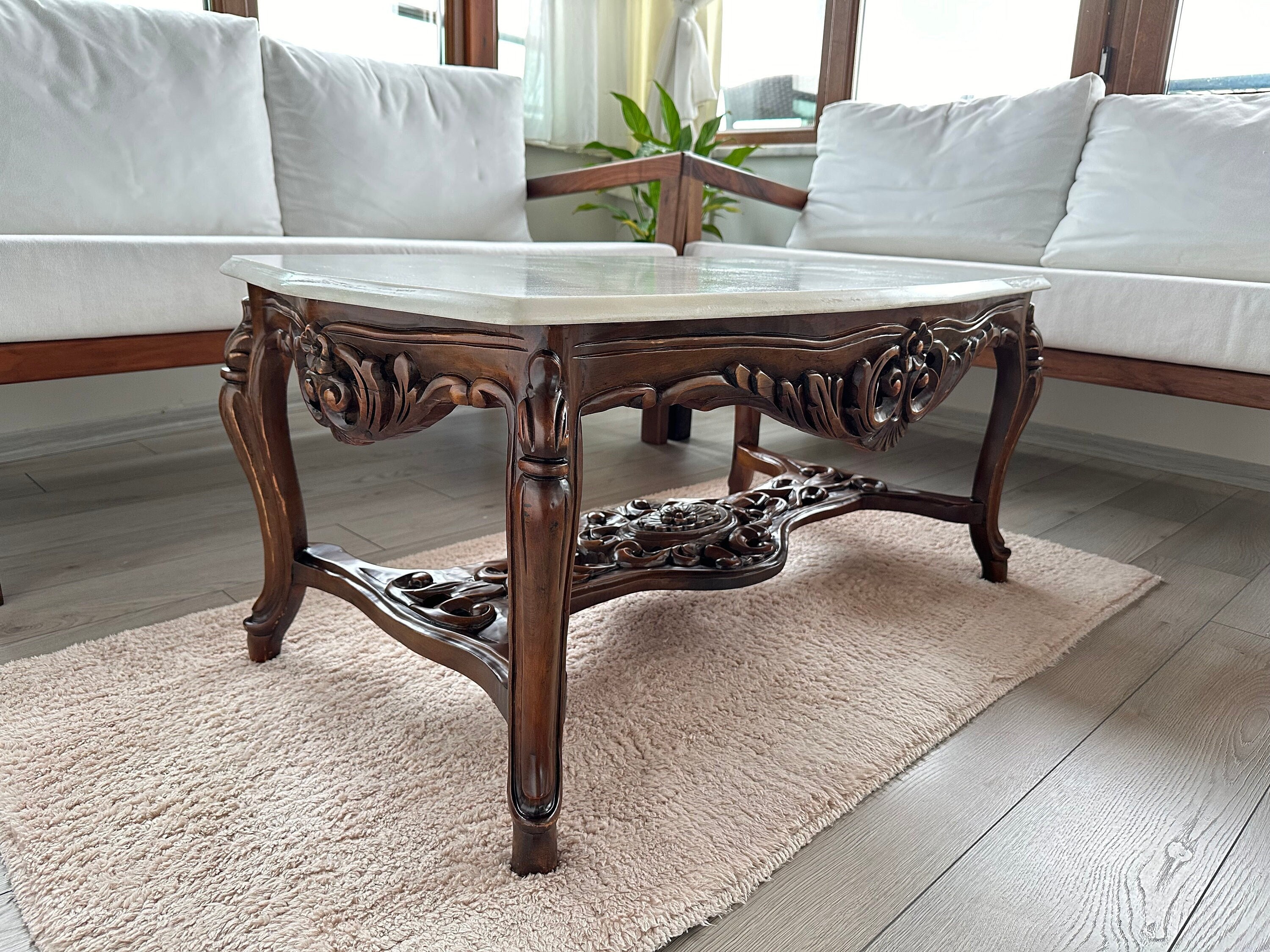 ノットアンティークス　MARBLE COFFEE TABLE Vintage Style Marble Coffee Table, Wooden and Marble Mini