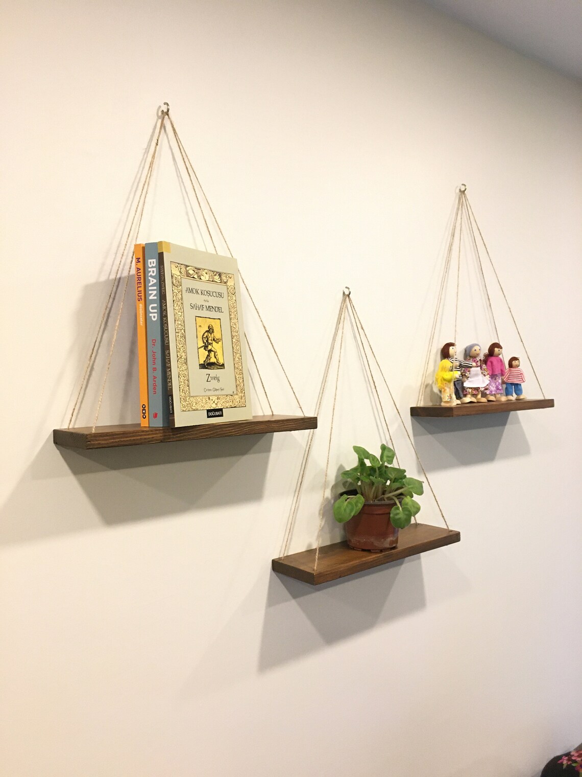 Set of Three Wooden Hanging ShelvesWall Rope Shelves Wall Etsy