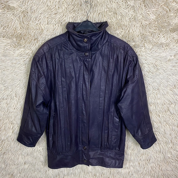 Vintage Leatherjacket Taille S - M ( 36 ) Veste en cuir surdimensionnée Violet Manteau en cuir Veste imprimée des années 80 90