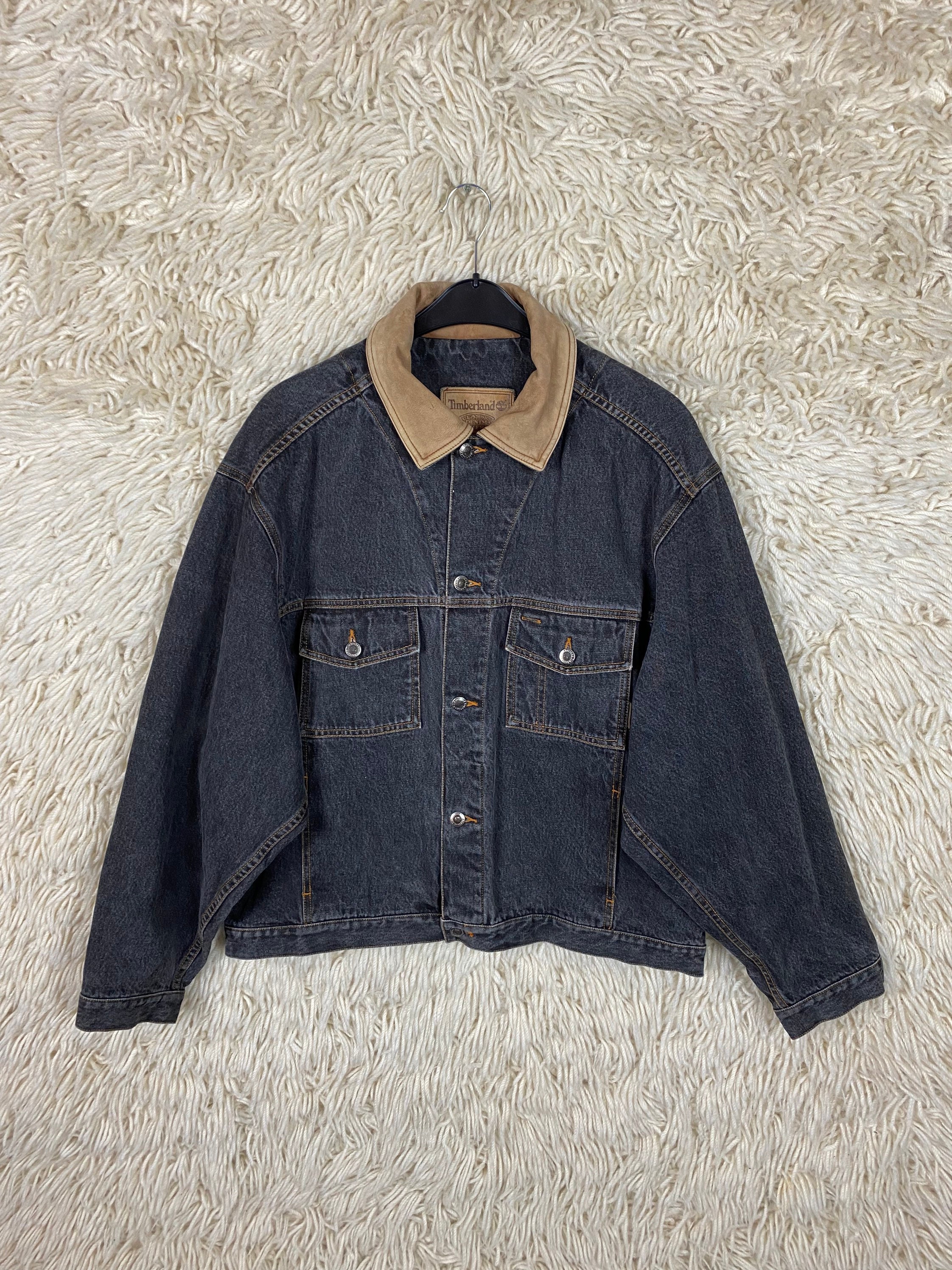 timberland denim jacket leather collar