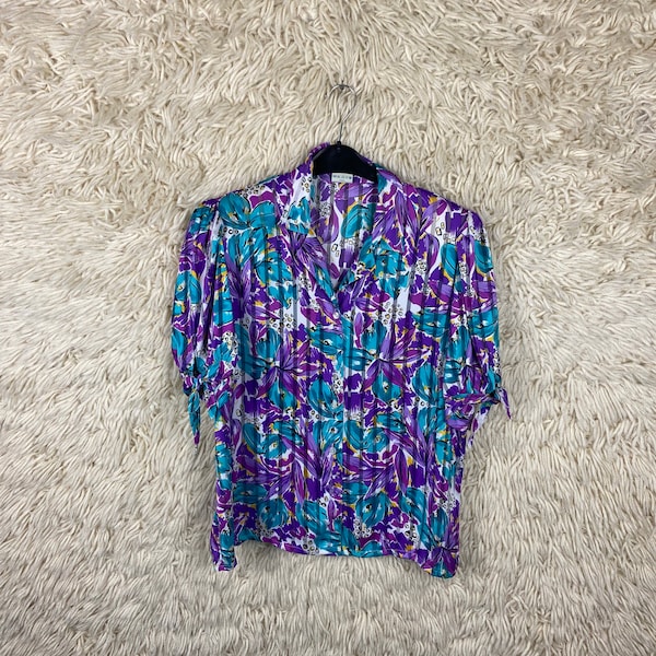 Vintage Women‘s Size S - L Blouse Floral Crazy Pattern Puffärmeln Summer Bluse 80s 90s