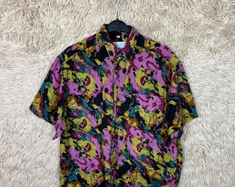 Vintage Silk Shirt Size M ( 39/40 ) Crazy Pattern Shortsleeved Short Sleeve Silk Shirt 80s 90s Blouse