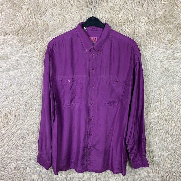 Vintage Silk Shirt Size S - L Silk Shirt Long Sleeves Pink Purple 80s 90s