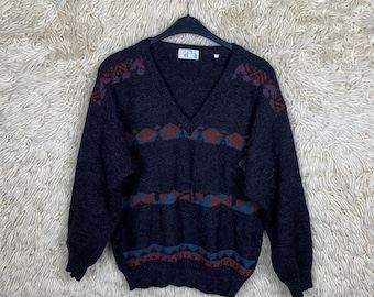 Vintage Size S - L Crazy Pattern Pullover Strickpullover V - Ausschnitt abstract 80s 90s