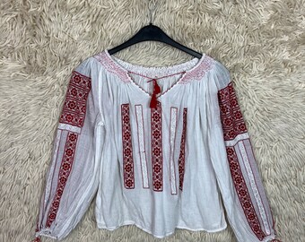 Camicetta vintage da donna taglia S - L Hippie Ethno ricamato folclore in cotone increspato Festival maniche lunghe camicia camicetta anni '80 anni '90