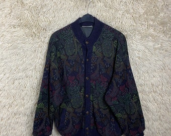 Vintage Knit wear Cardigan Size M - XL Crazy Pattern Strickjacke Lined Cosby abstract 80s 90s