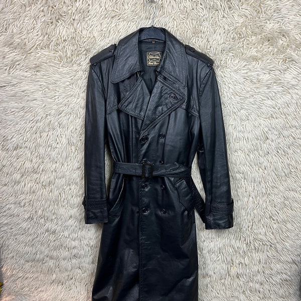 Vintage Long Black Leather Coat Jacket Size M - XL ( 54 ) Leathercoat Jacke Oversized Ledermantel 80s 90s