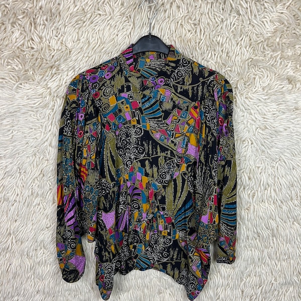 Vintage Blouse Women’s Size S - L Crinkled Cotton Crazy Pattern Bluse Shirt Longsleeved 80s 90s