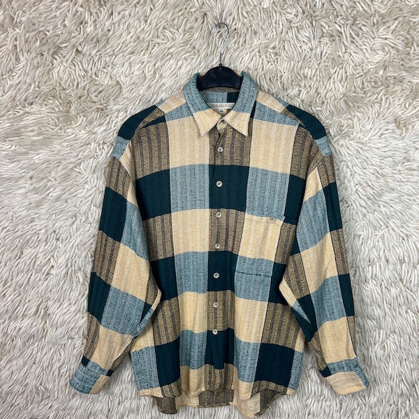 Vintage Woven Checkered Shirt Size S (37/38) Shirt Long Sleeves longShirt Silkshirt 80s 90s