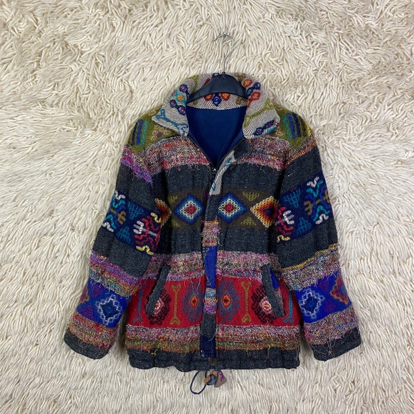 Vintage Taille XS - M Veste Laine Crazy Pattern Felt Hippie Boho Jacket 80s 90s