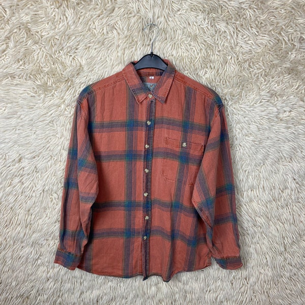 Vintage Cordhemd Size L - XL Corduroy Shirt Checkered Washed out faded coral Hemd Long Sleeves 80s 90s