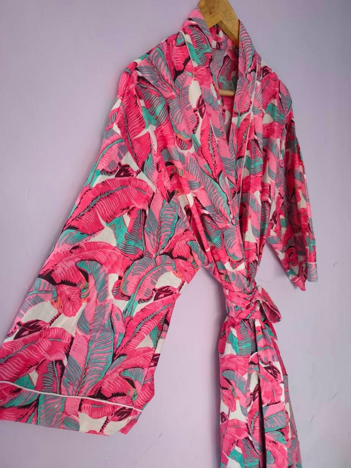Long Cotton Kimono Cover up Bath Robes banana leaf print | Etsy